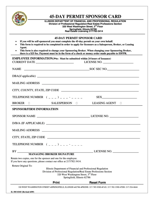 Fillable Form Il 505-0345 - 45-Day Permit Sponsor Card Printable pdf