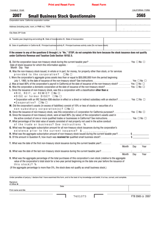 Fillable California Form 3565 - Small Business Stock Questionnaire - 2007 Printable pdf