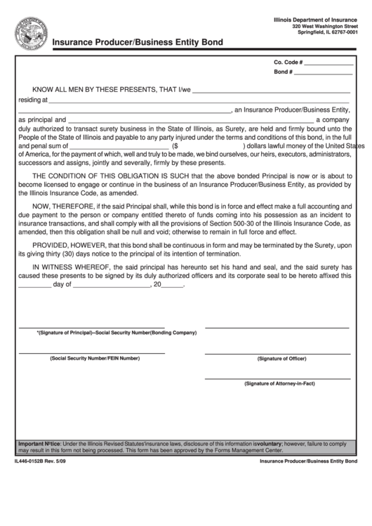 Form Il446-0152b - Insurance Producer/business Entity Bond - Illinois Department Of Insurance Printable pdf