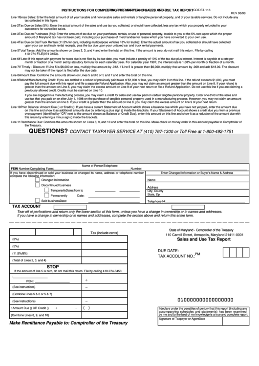 Form Cot/st-118 - Instructions For Completing The Maryland Sales And Use Tax Report - 1998 Printable pdf