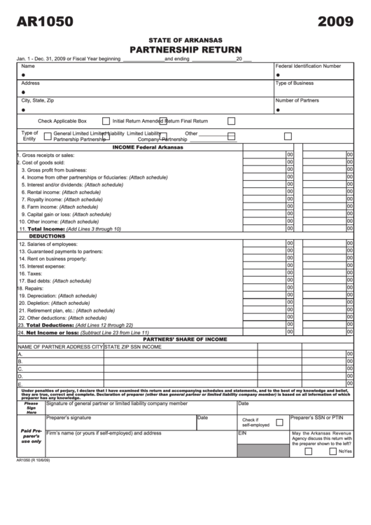 Form Ar1050 - Partnership Return - 2009 printable pdf download