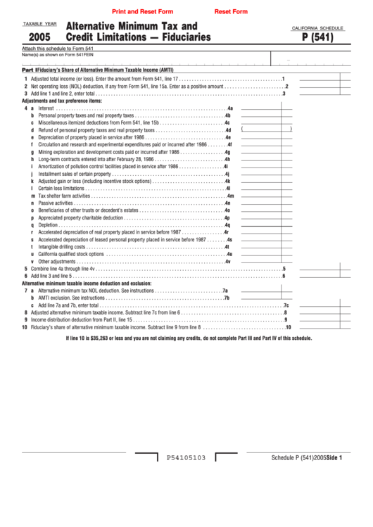 Fillable California Schedule P (541) - Alternative Minimum Tax And Credit Limitations - Fuduciaries - 2005 Printable pdf