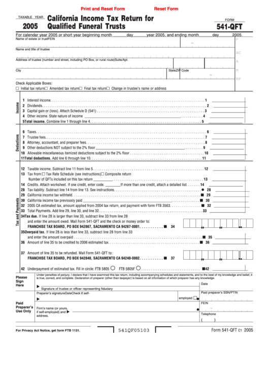 Fillable Form 541-Qft - California Income Tax Return For Qualified Funeral Trusts - 2005 Printable pdf