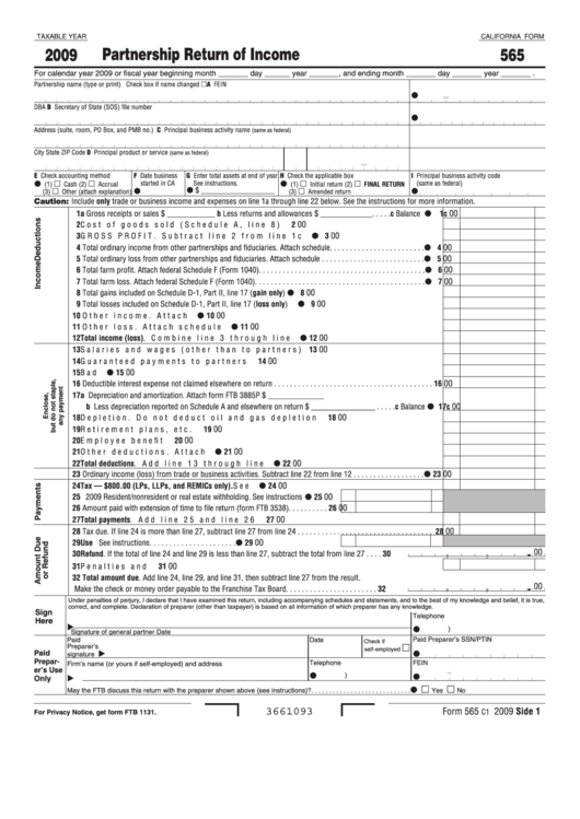Fillable Form 565 - Partnership Return Of Income - 2009 Printable pdf