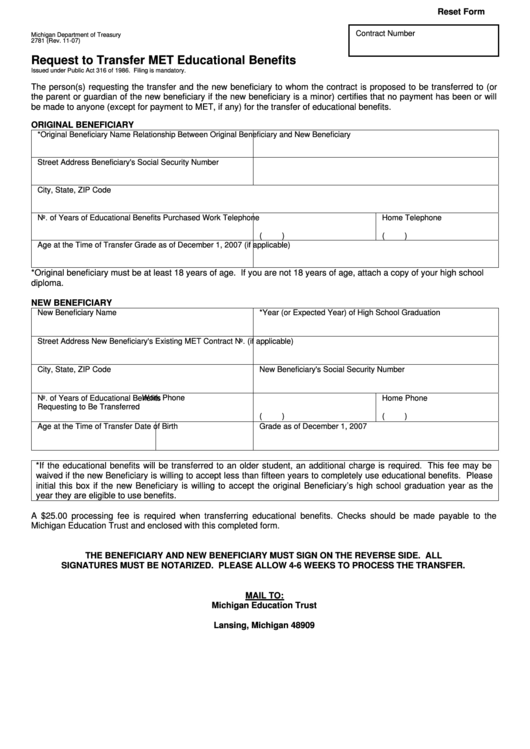 Fillable Form 2781 - Request To Transfer Met Educational Benefits - 2007 Printable pdf