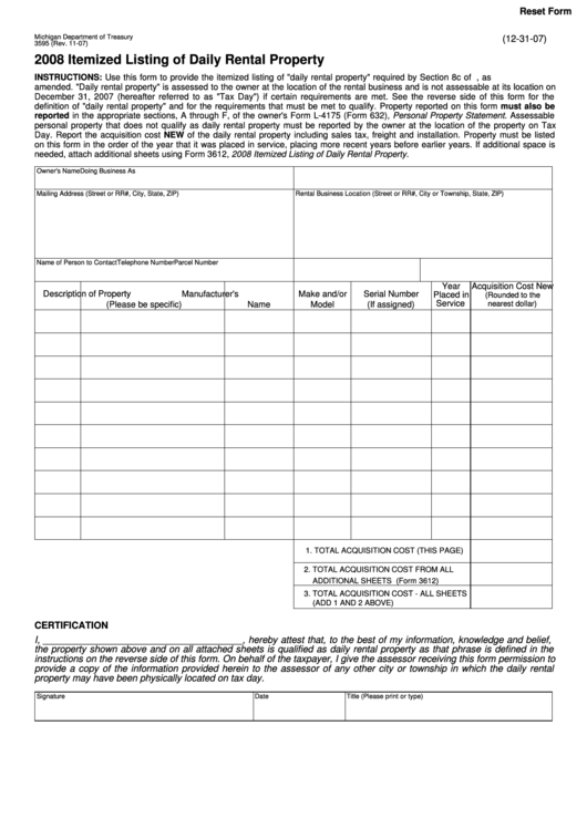Fillable Form 3595 - Itemized Listing Of Daily Rental Property - 2008 Printable pdf