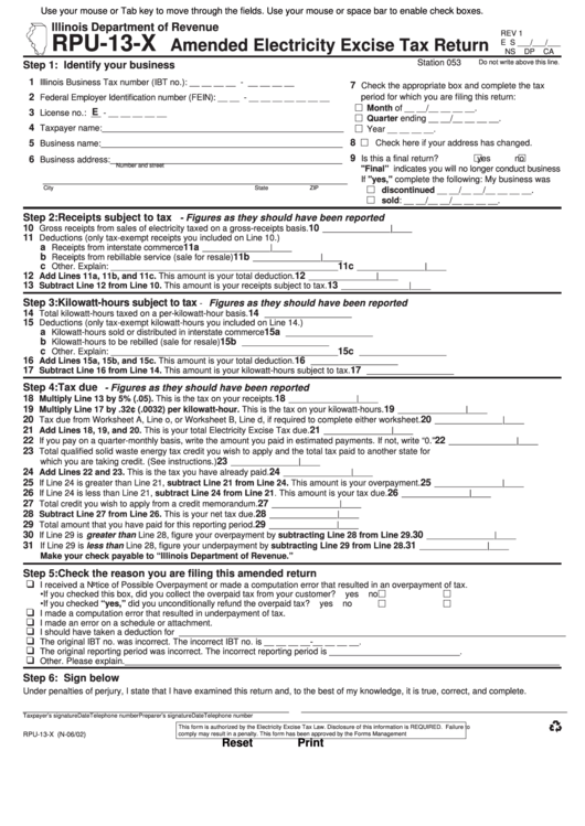 Fillable Form Rpu-13-X - Amended Electricity Excise Tax Return - Illinois Printable pdf