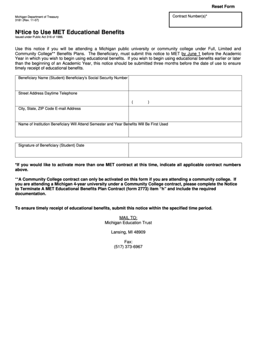 Fillable Form 3181 - Notice To Use Met Educational Benefits Printable pdf