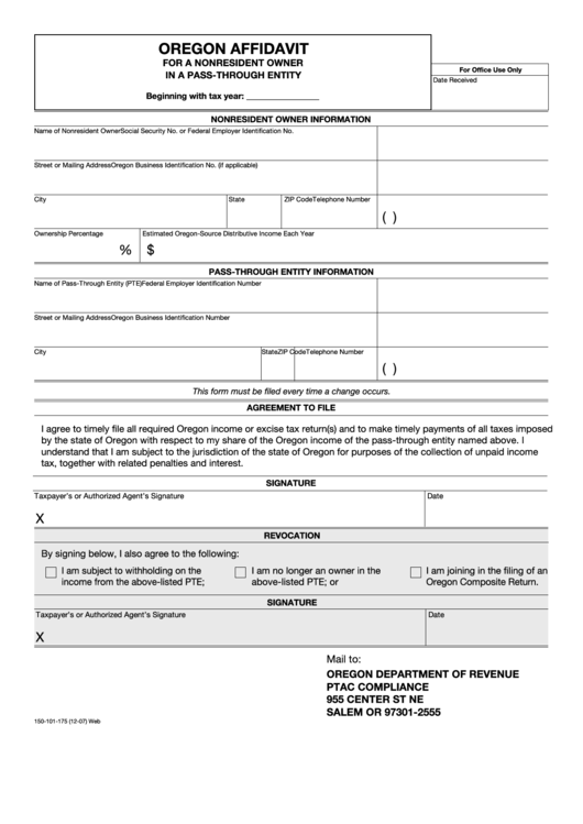 Fillable Form 150-101-175 - Oregon Affidavit For A Nonresident Owner Printable pdf