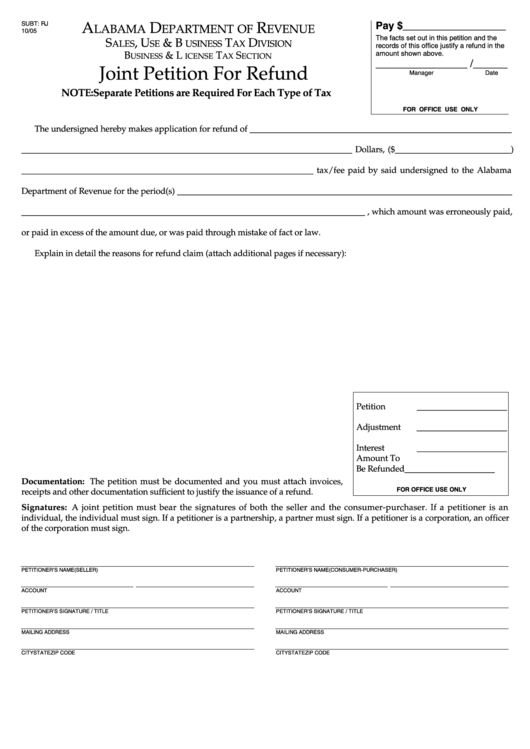 Fillable Joint Petition For Refund Form - Alabama Department Of Revenue Printable pdf