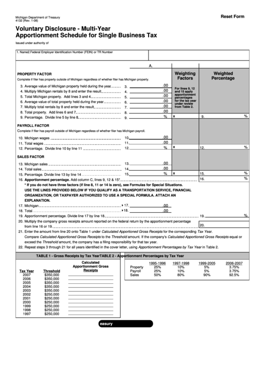 Fillable Form 4132 - Voluntary Disclosure - Multi-Year Apportionment Schedule For Single Business Tax Printable pdf