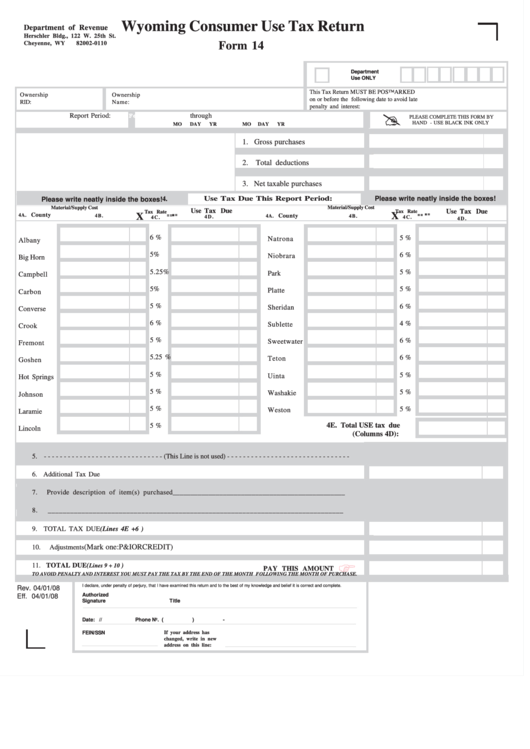 Form 14 - Wyoming Consumer Use Tax Return - 2008 Printable pdf