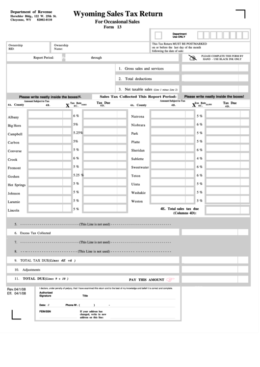 Form 13 - Wyoming Sales Tax Return - For Occasional Sales - 2008 Printable pdf