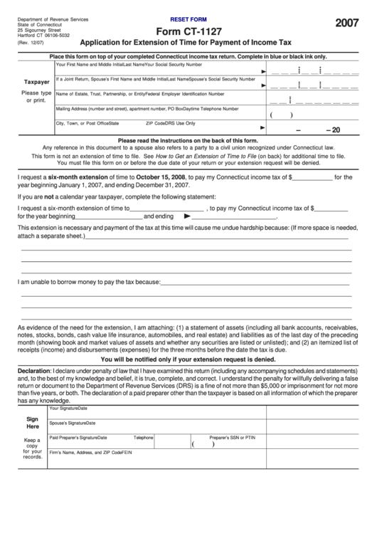 Fillable Form Ct-1127 - Application For Extension Of Time For Payment Of Income Tax - 2007 Printable pdf
