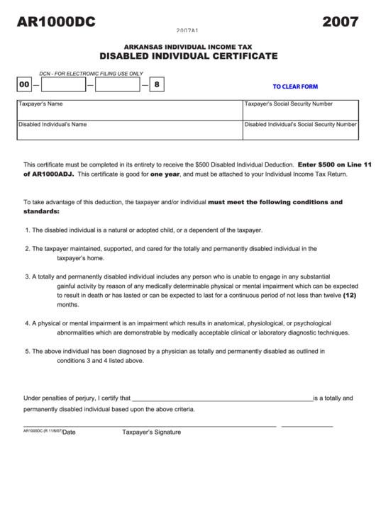 Fillable Form Ar1000dc - Disabled Individual Certificate - 2007 Printable pdf