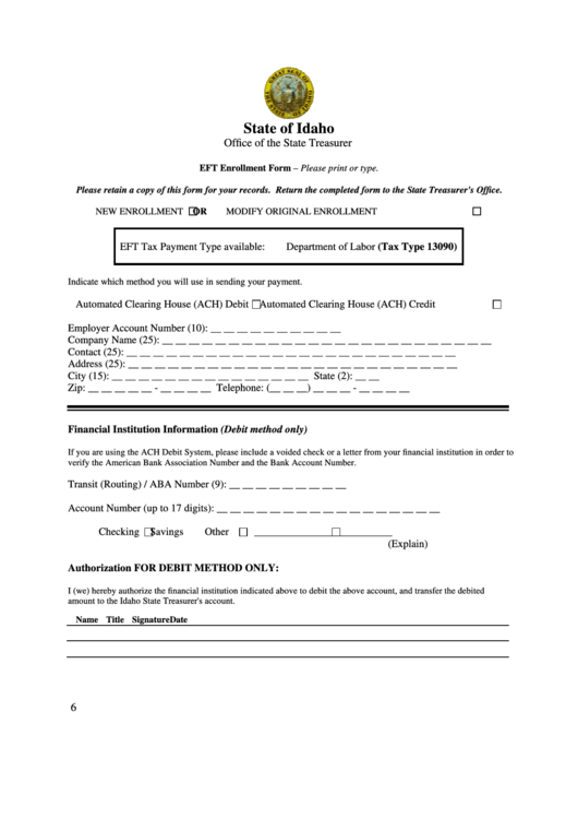 Eft Enrollment Form For New Enrollment Or Modify Original Enrollment - Idaho State Treasurer Printable pdf
