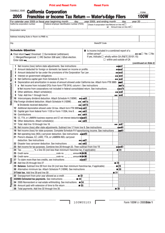 Fillable Form 100w - California Corporation Franchise Or Income Tax Return Water