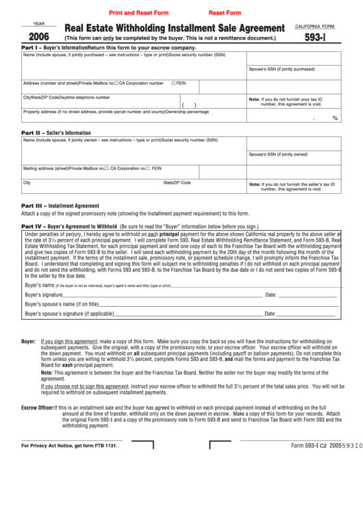 Fillable Form 593-I - Real Estate Withholding Installment Sale Agreement - 2006 Printable pdf