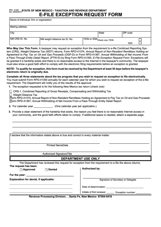 Rpd-41350 9/4/12 - E-File Exception Request Form - State Of New Mexico - Taxation And Revenue Department Printable pdf