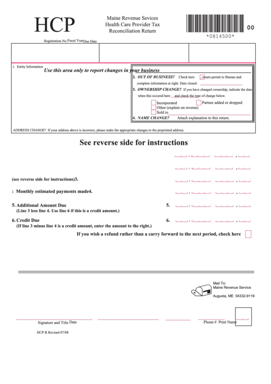 Form Hcp-R - Maine Revenue Sevices Health Care Provider Tax Reconciliation Return Printable pdf