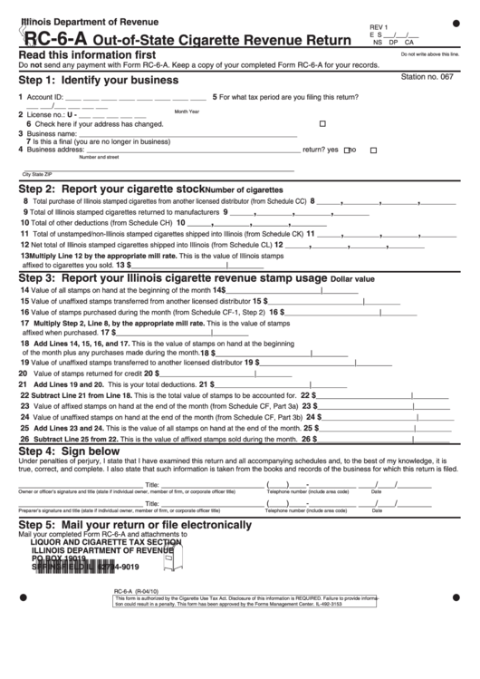 Form Rc-6-A - Out-Of-State Cigarette Revenue Return Printable pdf