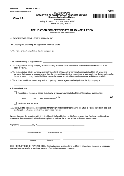 Fillable Form Fllc-2 - Application For Certificate Of Cancellation - 2008 Printable pdf