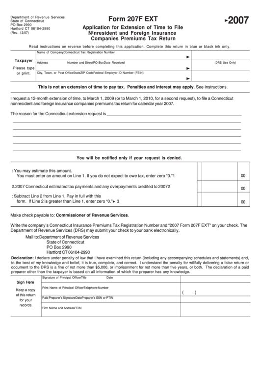 Form 207f Ext - Nonresident And Foreign Insurance Companies Premiums Tax Return 2007 Printable pdf