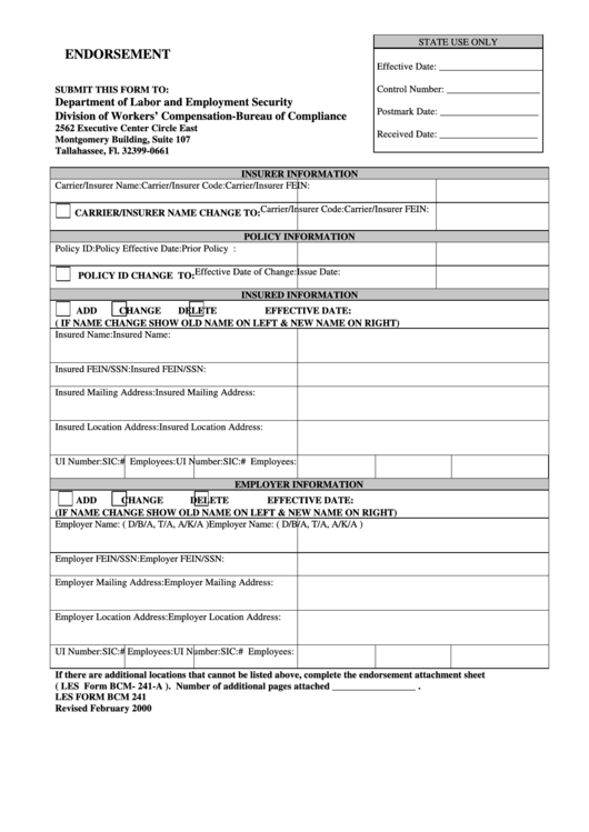 Les Form Bcm 241 - Endorsement - Florida Printable pdf