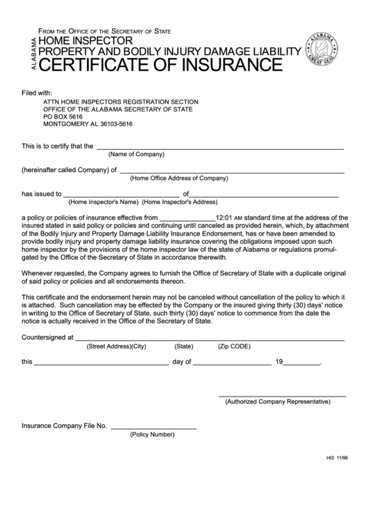 Certificate Of Insurance Form - Alabama Secretary Of State Printable pdf
