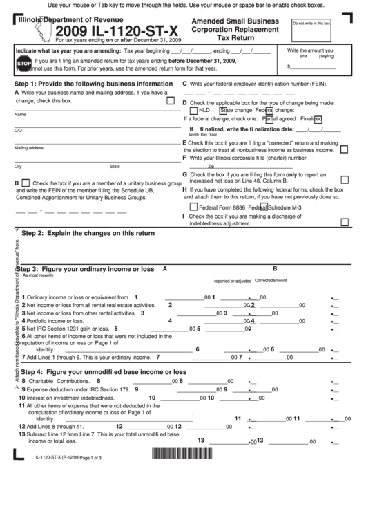 Fillable Form Il-1120-St-X - Amended Small Business Corporation Replacement Tax Return - 2009 Printable pdf