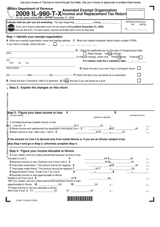 Fillable Form Il-990-T-X - Amended Exempt Organization Income And Replacement Tax Return - 2009 Printable pdf