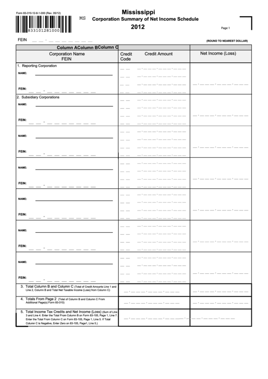 Form 83-310-12-8-1-000 - Corporation Summary Of Net Income Schedule 2012 Mississippi Printable pdf