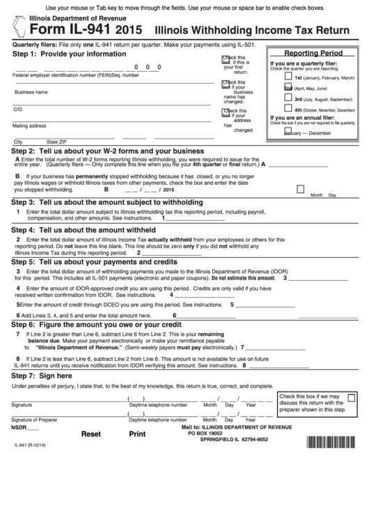 Fillable Form Il-941 - Illinois Withholding Income Tax Return - 2015 Printable pdf