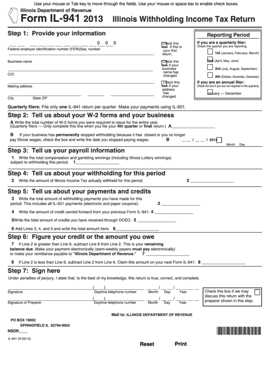 Fillable Form Il-941 - Illinois Withholding Income Tax Return - 2013 Printable pdf