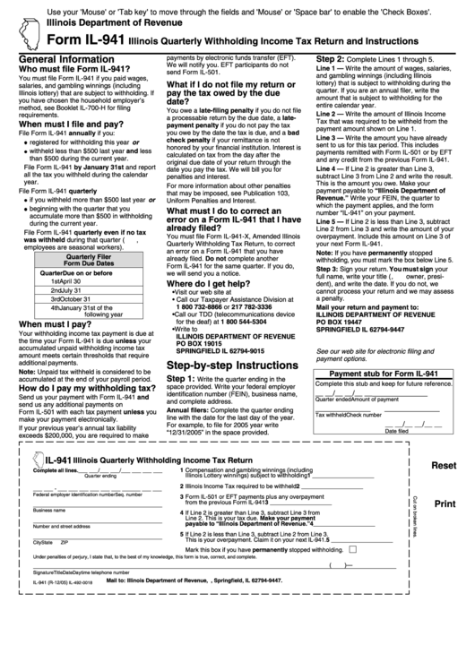 Form Il-941 - Illinois Quarterly Withholding Income Tax Return And Instructions - 2005 Printable pdf