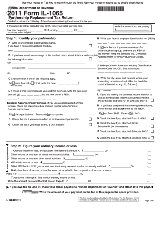 Fillable Form Il-1065 - Partnership Replacement Tax Return - 2011 Printable pdf