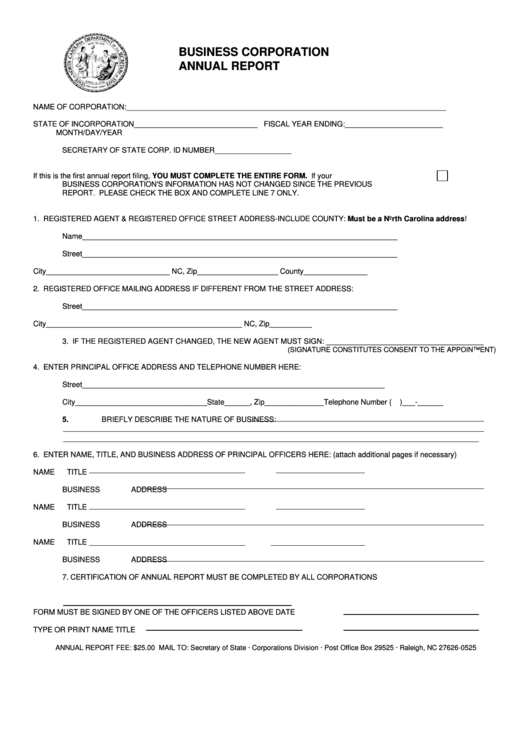 Business Corporation Annual Report Form - North Carolina Secretary Of State Printable pdf