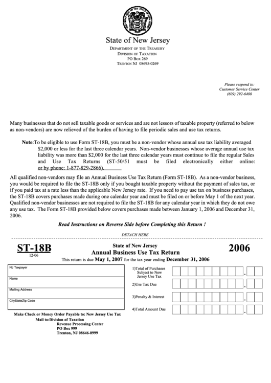 Fillable Form St-18b - Annual Business Use Tax Return - 2006 Printable pdf