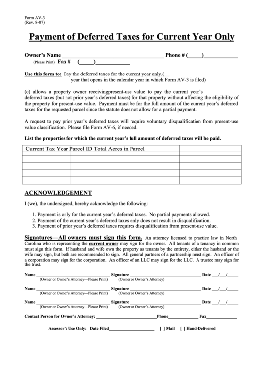 Form Av-3 - Payment Of Deferred Taxes For Current Year Only Printable pdf