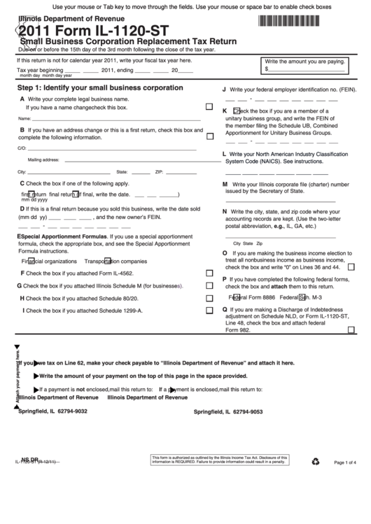 Fillable Form Il-1120-St - Small Business Corporation Replacement Tax Return 2011 Printable pdf