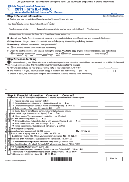 Fillable Form Il-1040-X - Amended Individual Income Tax Return - 2011 Printable pdf
