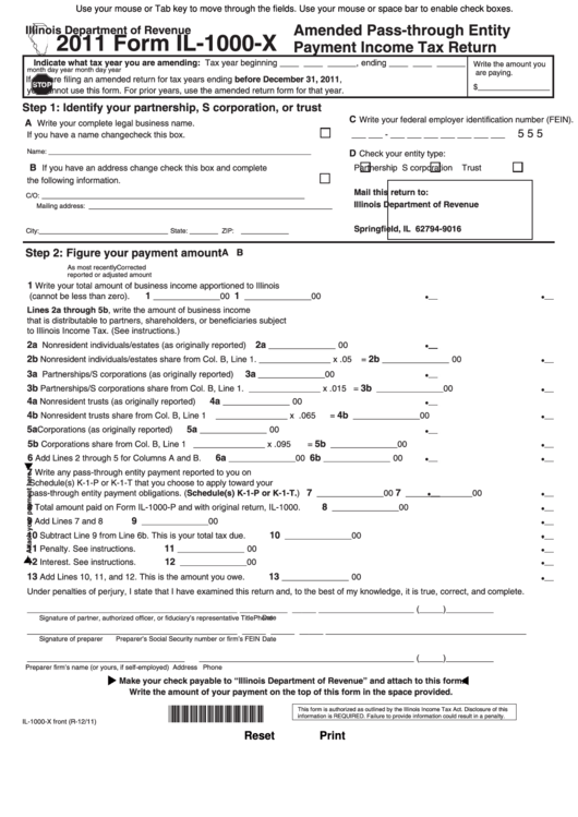 Fillable Form Il-1000-X - Amended Pass-Through Entity Payment Income Tax Return 2011 Printable pdf