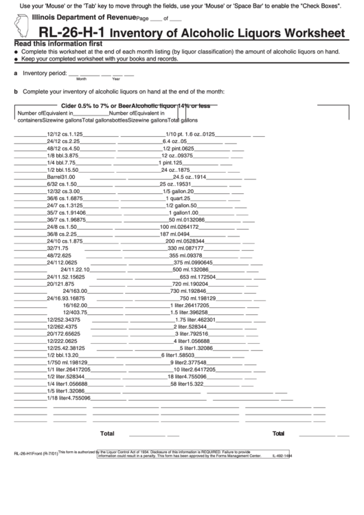 Fillable Rl-26-H1 7/01 - Inventory Of Alcoholic Liquors Worksheet 2001 Printable pdf