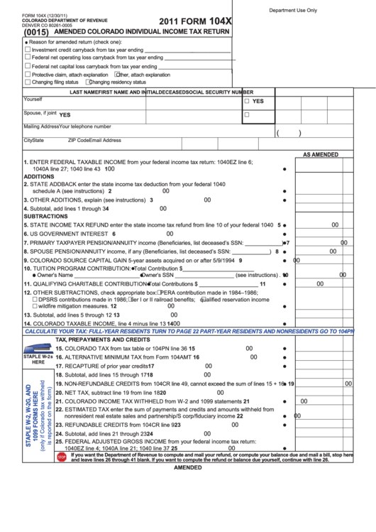Form 104x - Amended Colorado Individual Income Tax Return - 2011 Printable pdf