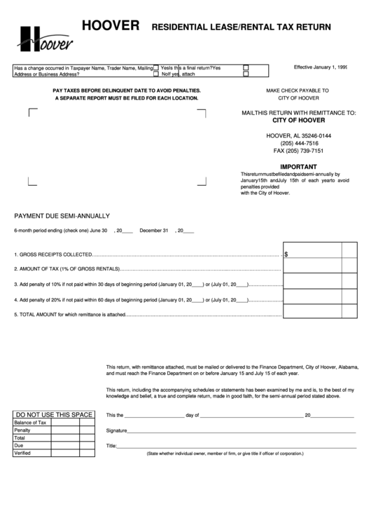 Residential Lease/rental Tax Return Form - City Of Hoover, Alabama Printable pdf