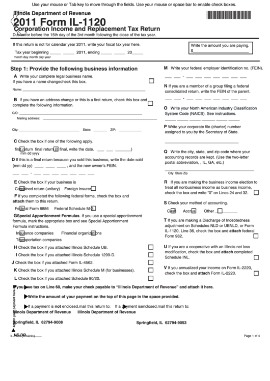 Fillable Form Il-1120 - Corporation Income And Replacement Tax Return ...