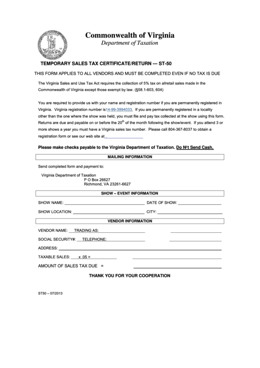 Fillable Form St-50 - Temporary Sales Tax Certificate/return Virginia Printable pdf