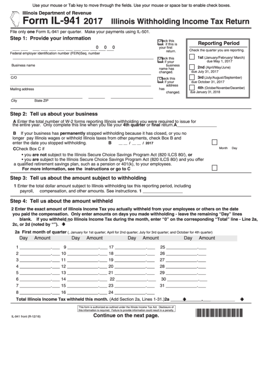 Fillable Form Il-941 - Illinois Withholding Income Tax Return - 2017 Printable pdf