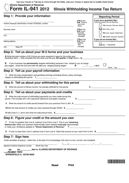 Fillable Form Il-941 - Illinois Withholding Income Tax Return - 2012 Printable pdf