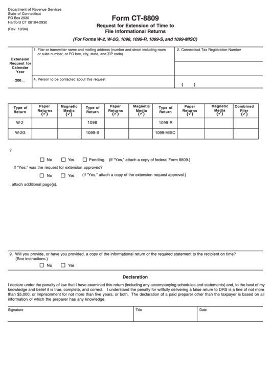 Form Ct-8809 - Request For Extension Of Time To File Informational Returns Printable pdf